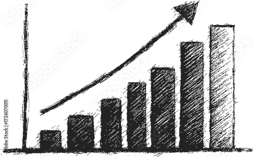 Bar chart sketch hand drawn with upward arrow showing growth — stock vector
