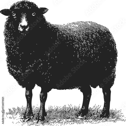 Black sheep sketch hand drawn standing on grass detailed wool texture — stock vector