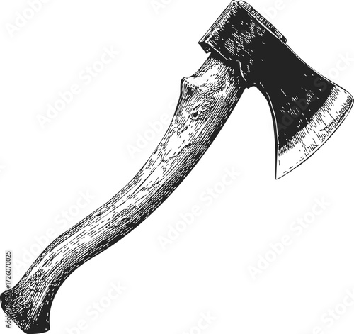 Axe sketch hand drawn with wooden handle and detailed metal blade — stock vector