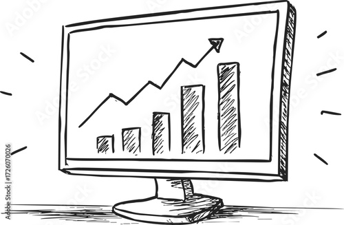 Monitor sketch with bar chart and upward arrow, hand drawn business growth concept — stock vector