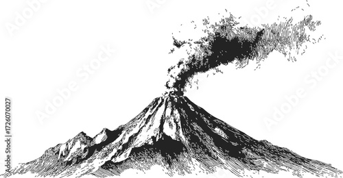 Volcano sketch hand drawn erupting mountain with smoke plume — stock vector