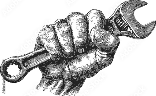 Hand holding wrench sketch, hand drawn style, detailed fist gripping tool — stock vector
