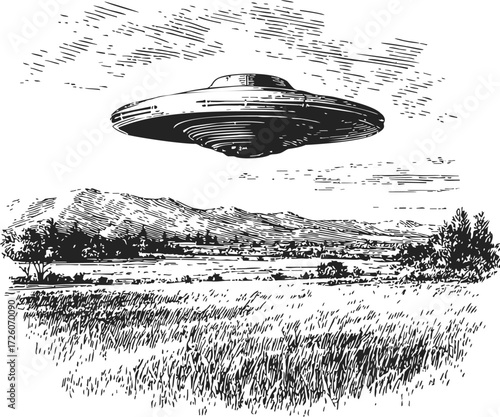 UFO flying saucer sketch, hand drawn over rural landscape with mountains — stock vector