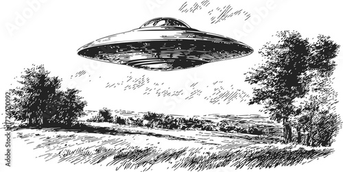 UFO sketch, hand drawn flying saucer hovering above rural landscape — stock vector