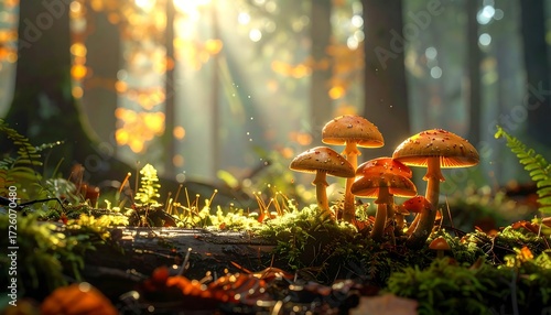 Sunlit autumn forest mushrooms
