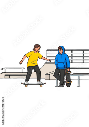 Flat Vector Illustration of Friends Skateboarding at Park