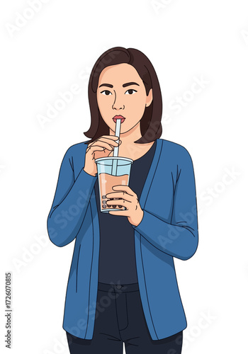 Modern Flat Vector Illustration Woman Drinking Boba Tea