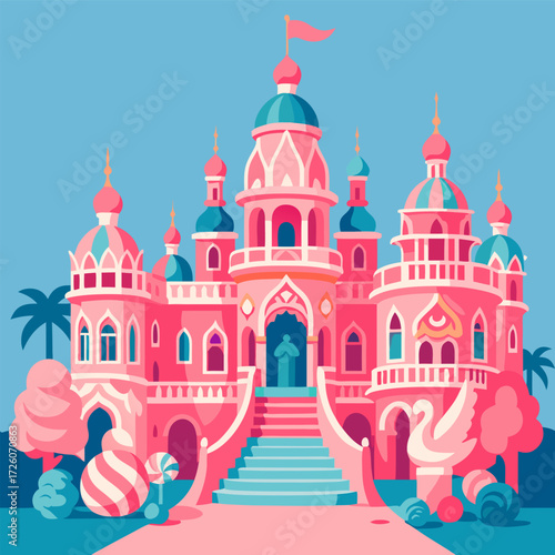 Pink Candy Palace With Towers Flags And Lollipop Trees Beside A Bright Blue River A Cheerful Fantasy Castle For Playful Storybook Scenes