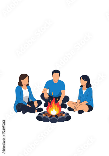 Group of Friends Sitting Around Campfire Vector Art