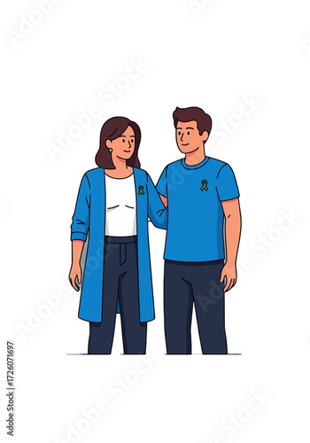 Supportive Couple With Green Ribbons Flat Illustration
