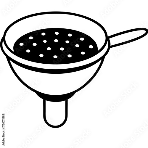 Black and white silhouette of a colander with a handle filled with small dots isolated on white background