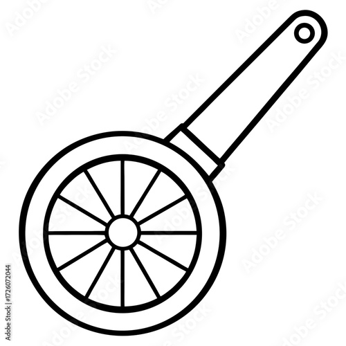 Simple line art silhouette of a wagon wheel with a handle isolated on white background