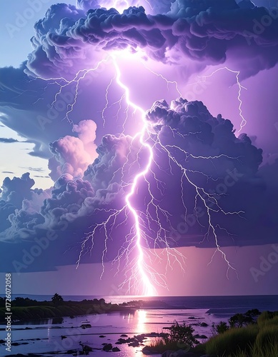 Dramatic lightning storm over water