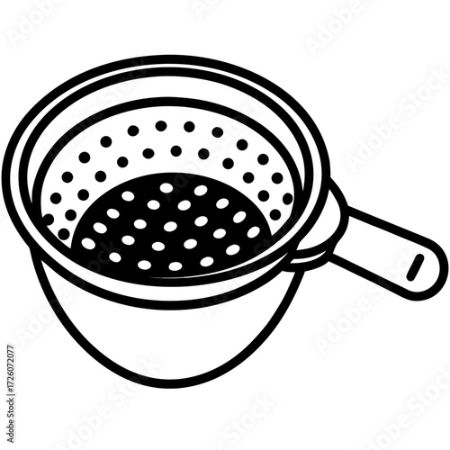 Simple black silhouette of a kitchen colander with a handle isolated on white background