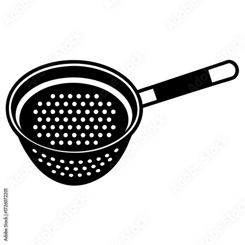 Black silhouette of a kitchen colander with a long handle isolated on white background