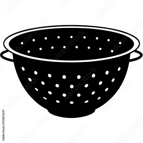 Black silhouette of a kitchen colander with many small holes and two handles isolated on white background