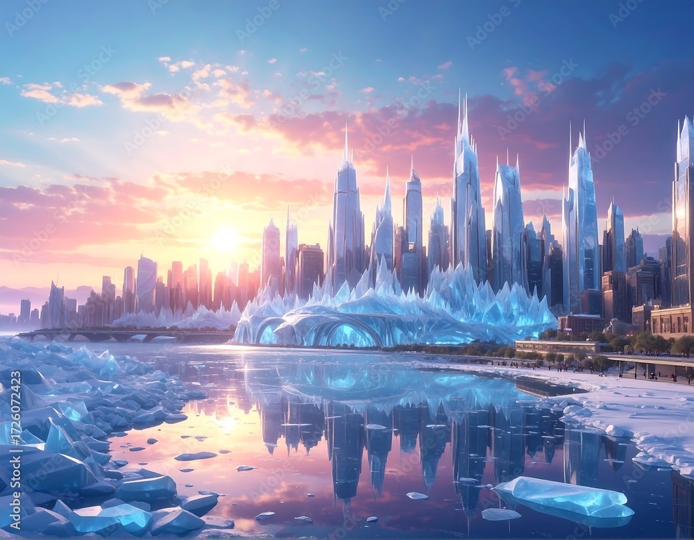 Fototapeta premium Frozen Metropolis at Dawn: A Crystalline Cityscape