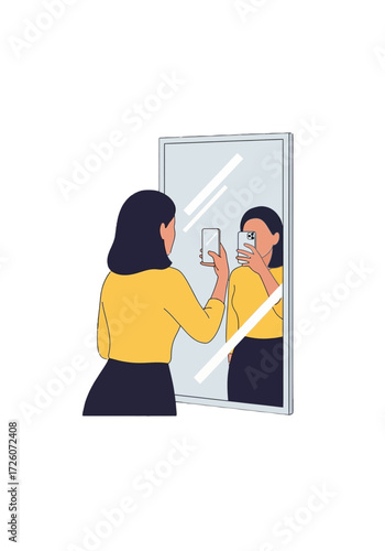 Flat Style Woman Taking Mirror Selfie Vector Illustration