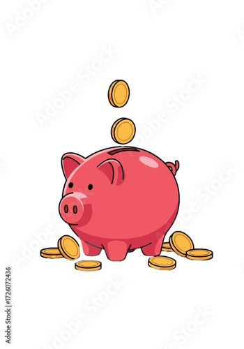 Cartoon Pink Piggy Bank Saving Coins Illustration
