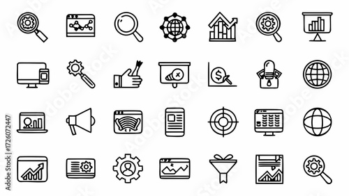 Seo analytics marketing data search engine optimization and business strategy icons creatd and generated with generative ai on transparent background