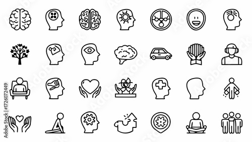 Mental health brain psychology mind therapy wellness icons set healthcare support creatd and generated with generative ai on transparent background