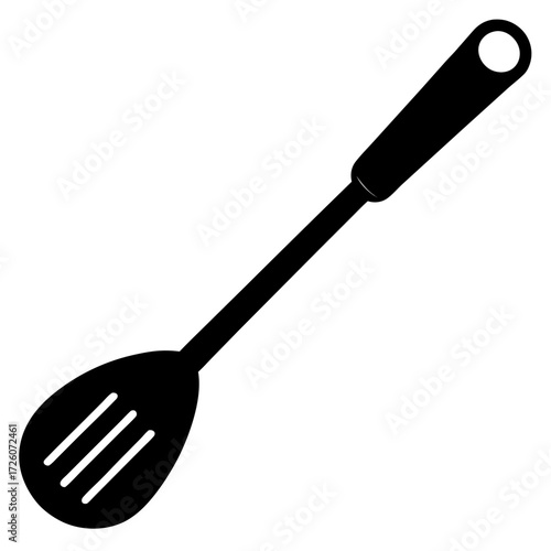 Black silhouette of a slotted kitchen spoon with a hole in the handle isolated on white background