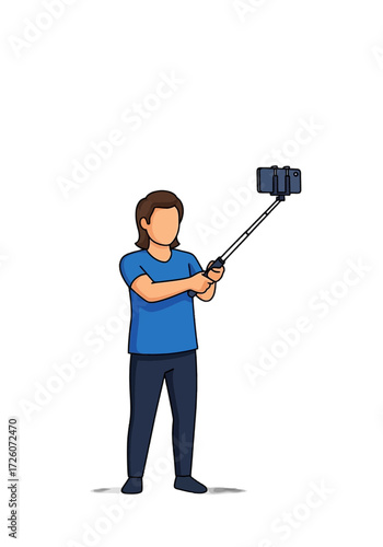Flat Cartoon Person Taking Selfie With Smartphone