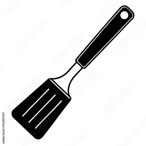 Black silhouette of a slotted spatula kitchen utensil isolated on white background