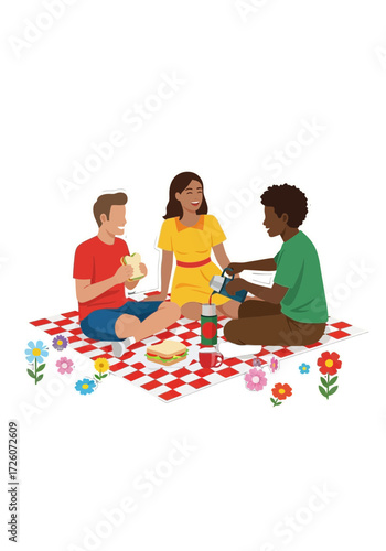 Flat Vector Illustration of Friends Enjoying a Picnic