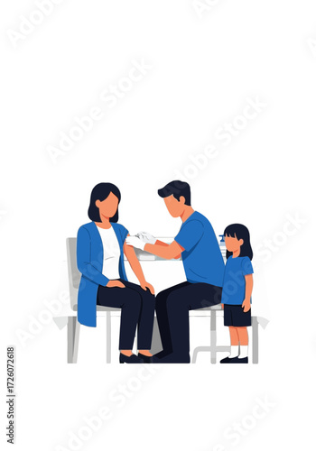 Flat Vector Illustration Woman Receiving Vaccine Child Present