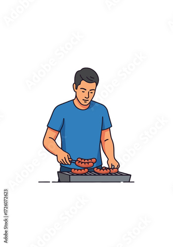 Flat Vector Illustration of Man Grilling Sausages