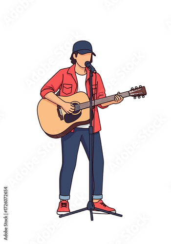 Flat Vector Musician Playing Acoustic Guitar and Singing