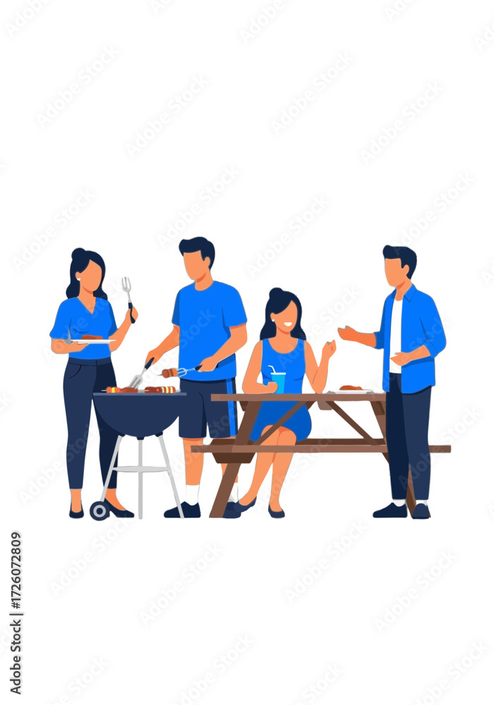 Obraz premium Flat Vector Illustration of Friends Having a Barbecue Picnic