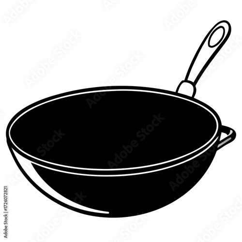 Black silhouette of a cooking wok with a handle isolated on white background