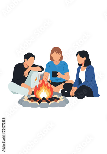 Flat Vector Illustration of Friends Around a Campfire