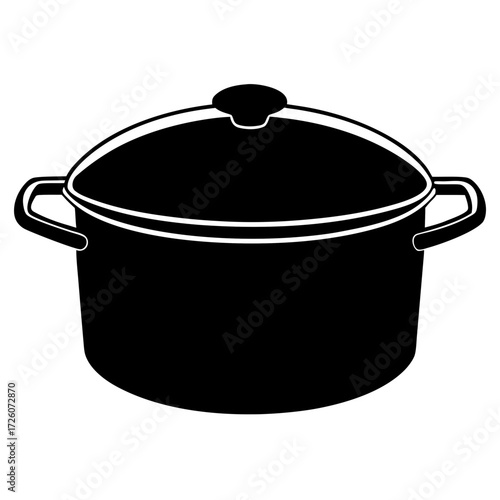 Black silhouette of a cooking pot with handles and a lid isolated on white background