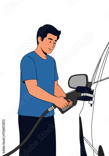 Flat Vector Man Pumping Gas Into Car
