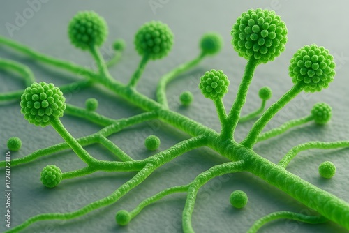 Microscopic 3D render of Trichoderma spores and hyphae, concept of agricultural biotechnology.