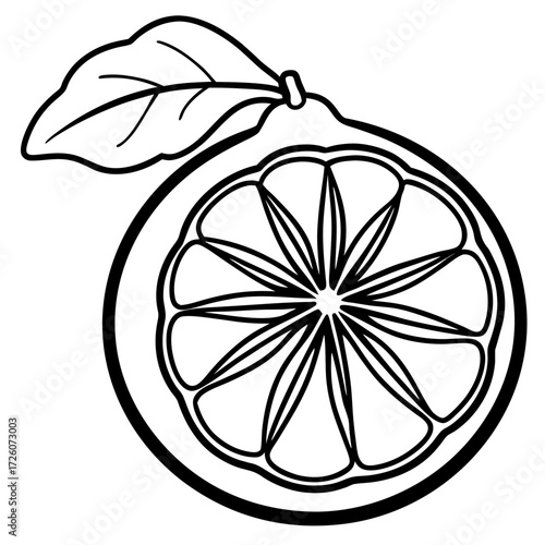 Stylized black and white silhouette of a citrus fruit slice with a leaf isolated on white background