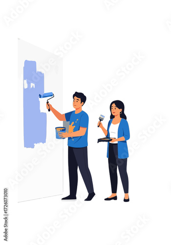 Happy Couple Painting Wall Flat Style Vector Illustration