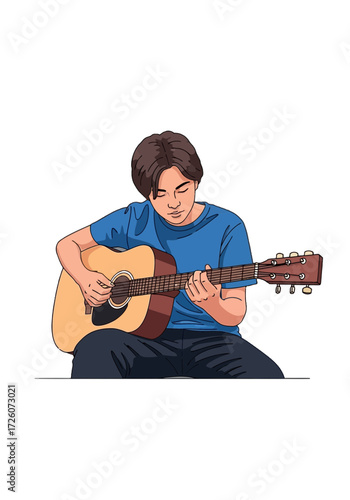 Flat Cartoon Vector of Young Man Playing Acoustic Guitar