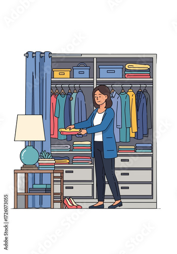 Flat Illustration of Woman Organizing Closet at Home