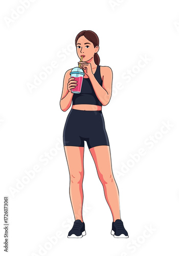 Flat Vector Illustration of Woman Drinking Healthy Smoothie