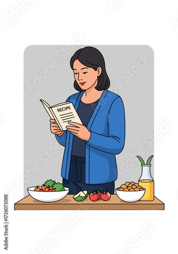 Woman Reading Recipe Book for Healthy Meal Preparation Flat Vector