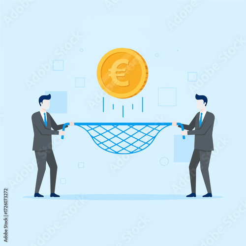 Minimalist flat illustration of two businessmen holding a net
