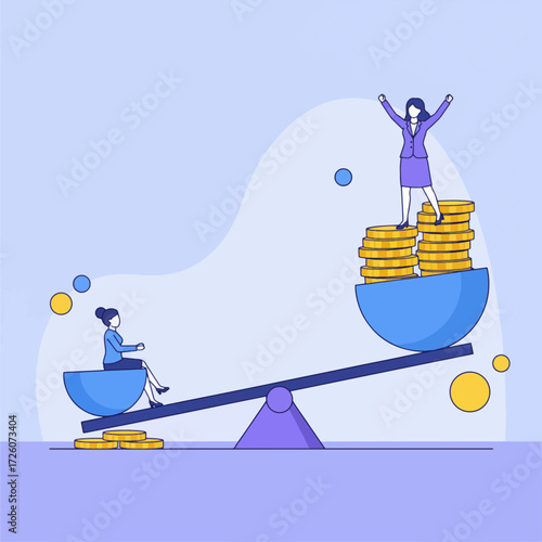 Stylized flat illustration of a woman on a seesaw