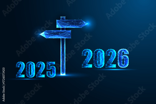 2025 to 2026 transition vector concept with glowing direction signpost in low poly digital style