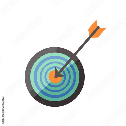 A bullseye with alternating blue and green rings has an arrow stuck in the center