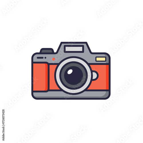 A cartoon camera with a red body and a gray lens Theres a flash area a lens and a release button on the top