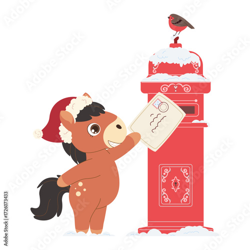 Cute Christmas pony mailing a holiday letter. Festive winter illustration with Santa hat, red mailbox, and robin bird. Perfect for greeting cards and kids’ designs.